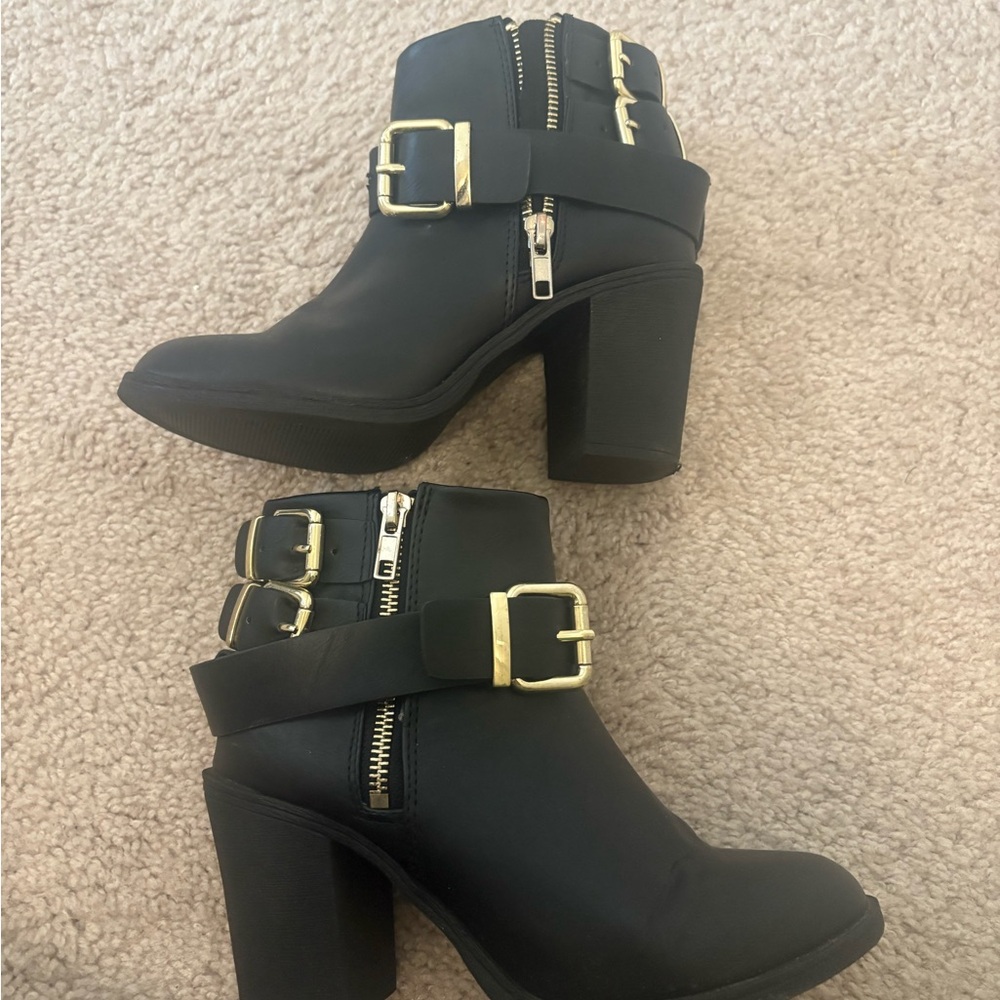 Divided Black Heeled Boots with Gold Accents 5.5